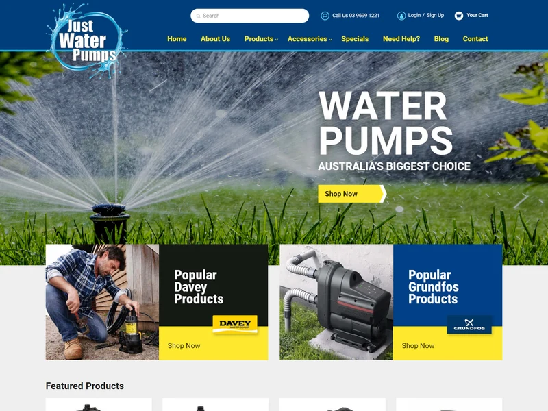 Just Water Pumps homepage design