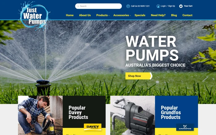Just Water Pumps homepage design