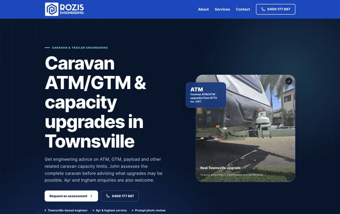 Rozis Engineering caravan upgrades landing page design