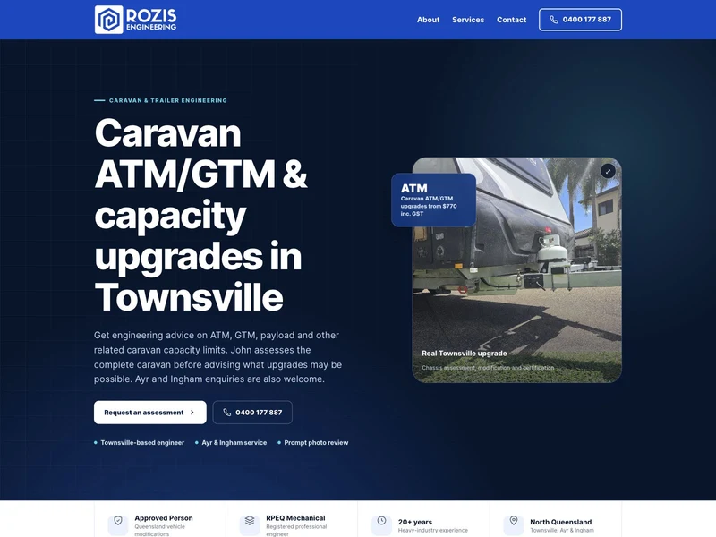 Rozis Engineering caravan upgrades landing page design