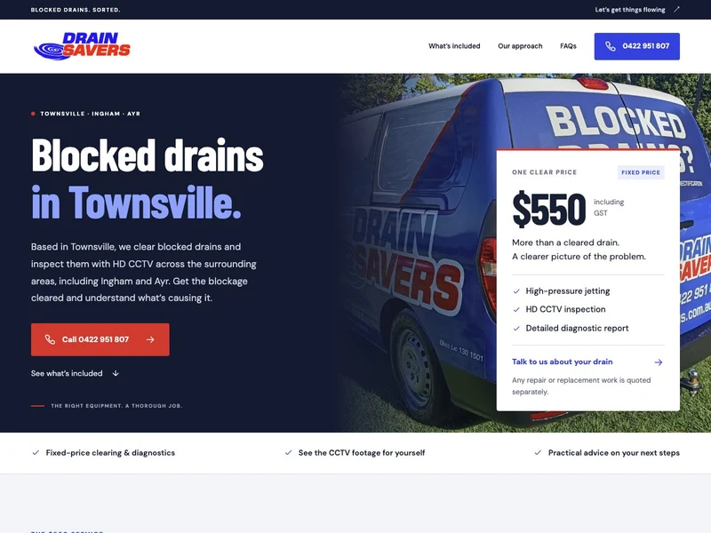 Complete Drain Savers Plus staging homepage from the header through to the footer