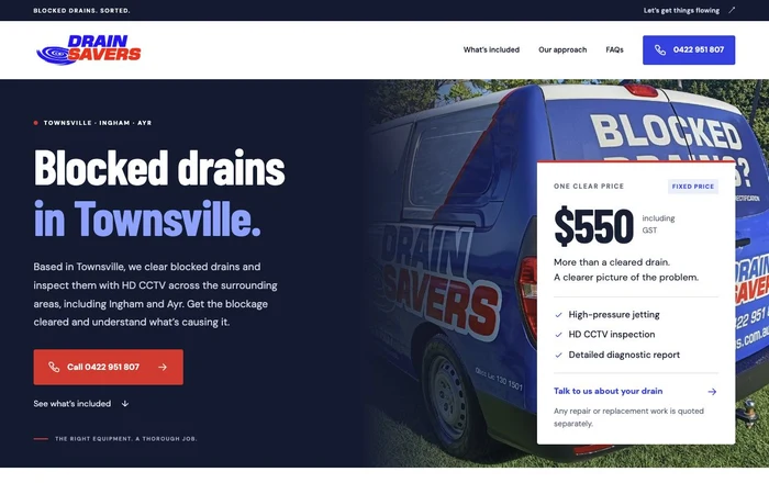 Complete Drain Savers Plus staging homepage from the header through to the footer