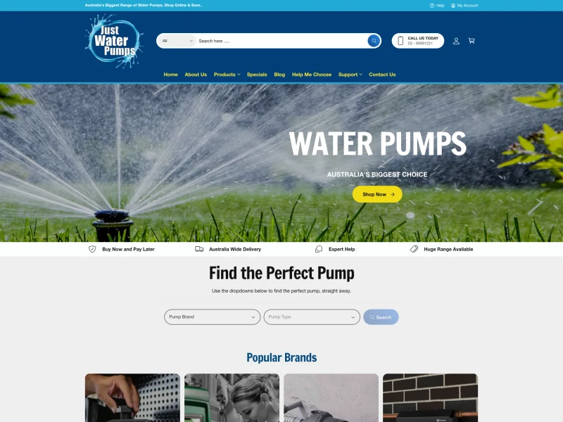 Just Water Pumps homepage design