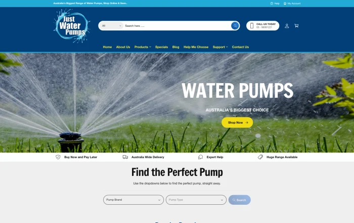 Just Water Pumps homepage design
