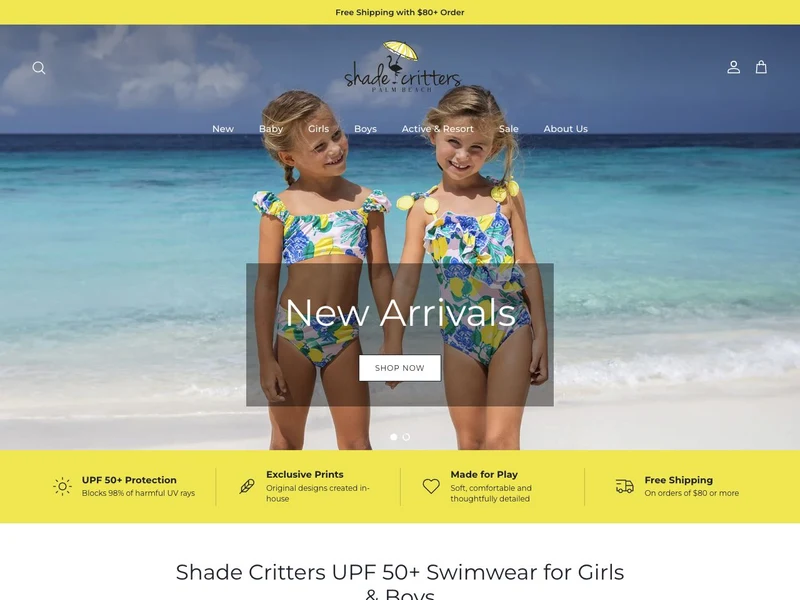 Complete live Shade Critters Shopify homepage from its swimwear hero image through to the footer