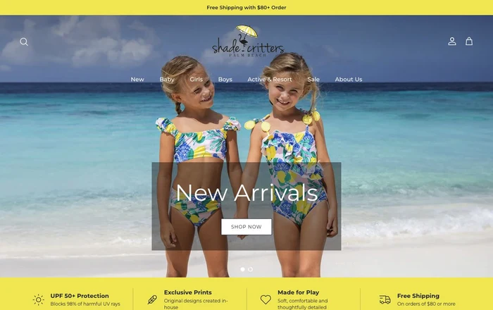 Complete live Shade Critters Shopify homepage from its swimwear hero image through to the footer