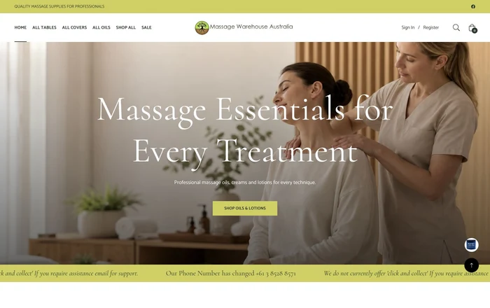 Complete desktop homepage design for the live Massage Warehouse Shopify store