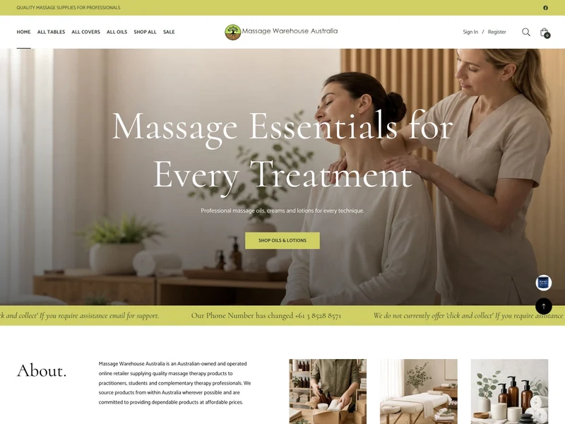 Complete desktop homepage design for the live Massage Warehouse Shopify store