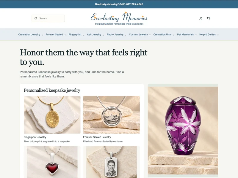Complete live Everlasting Memories Shopify homepage from its memorial jewellery introduction through to the footer
