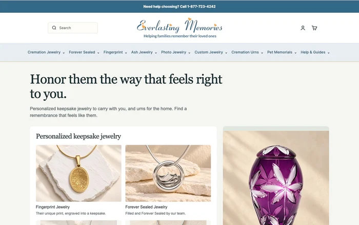 Complete live Everlasting Memories Shopify homepage from its memorial jewellery introduction through to the footer