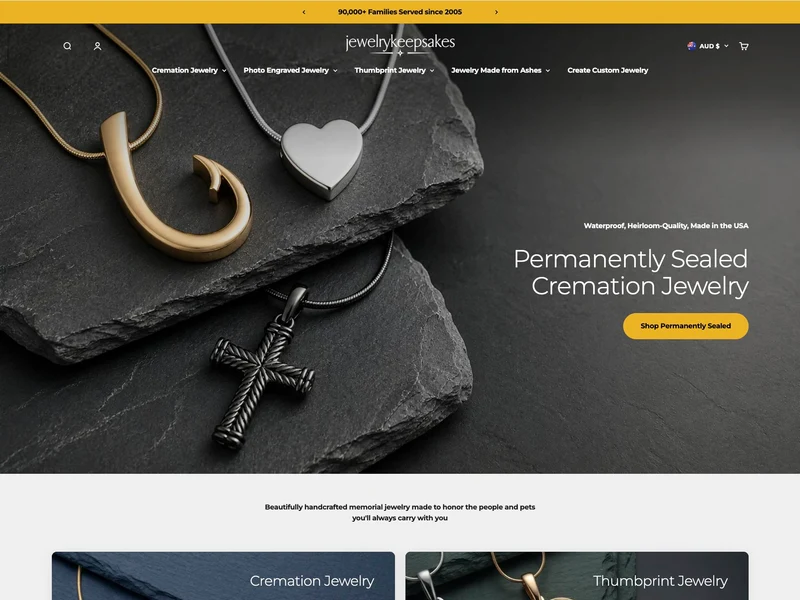 Complete published Jewelry Keepsakes Shopify homepage from the jewellery hero through to the footer