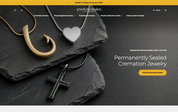 Complete published Jewelry Keepsakes Shopify homepage from the jewellery hero through to the footer