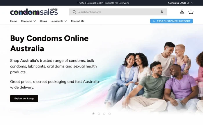 Full desktop homepage design for the live Condom Sales Shopify store